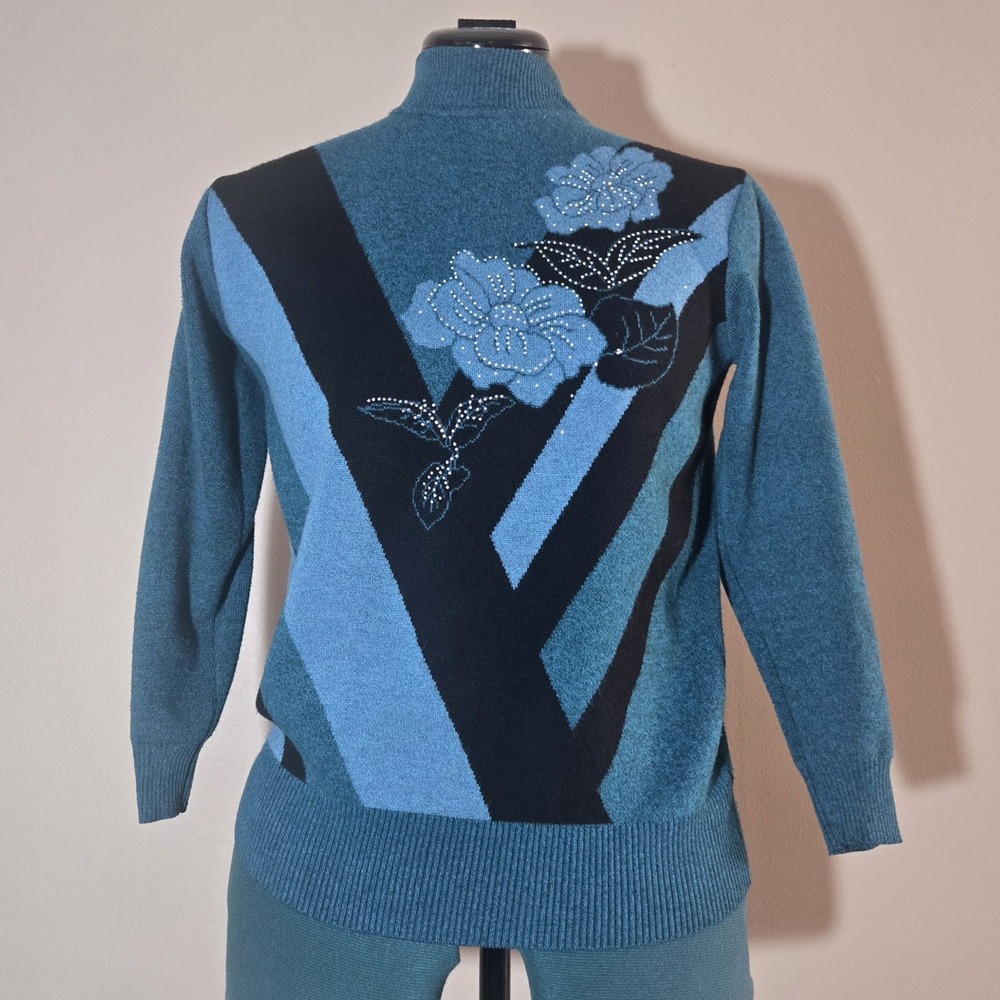 Vintage 2002 80s Revival Wool Sweater Jewel Tone Turquoise Teal Floral